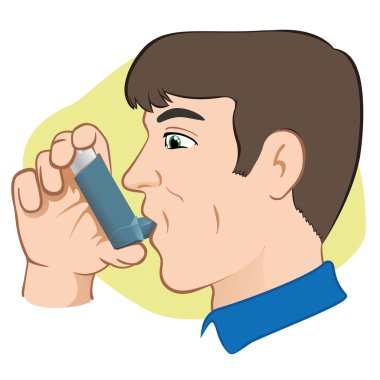 Illustration of a person using inhaler for asthma and lack and public areas. Ideal for catalogs, informative and medical guides clipart