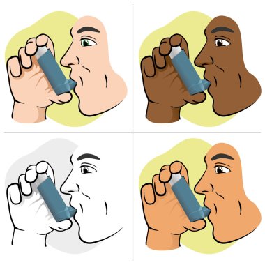 Illustration of a person using inhaler for asthma and lack and public areas. Ideal for catalogs, informative and medical guides clipart