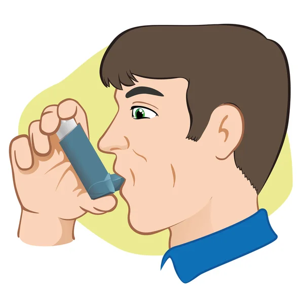 Illustration of a person using inhaler for asthma and lack and public areas. Ideal for catalogs, informative and medical guides — Stock Vector