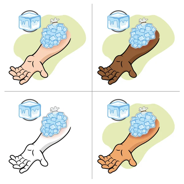 Ilustração representando Primeiros Socorros com compressa de gelo no braço ferido. Ideal para catálogos de medicina, institucional e educacional —  Vetores de Stock