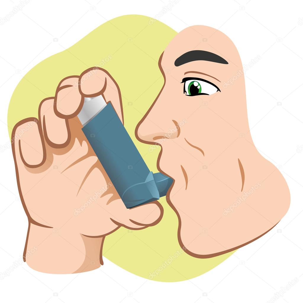 Illustration of a person using inhaler for asthma and lack and public areas. Ideal for catalogs, informative and medical guides