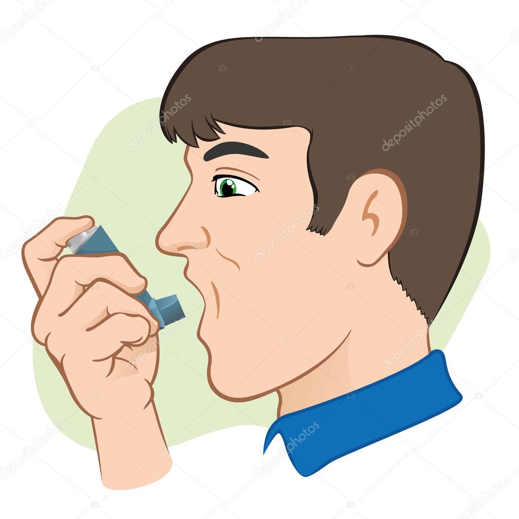 Illustration of a person using inhaler for asthma and lack and public areas. Ideal for catalogs, informative and medical guides