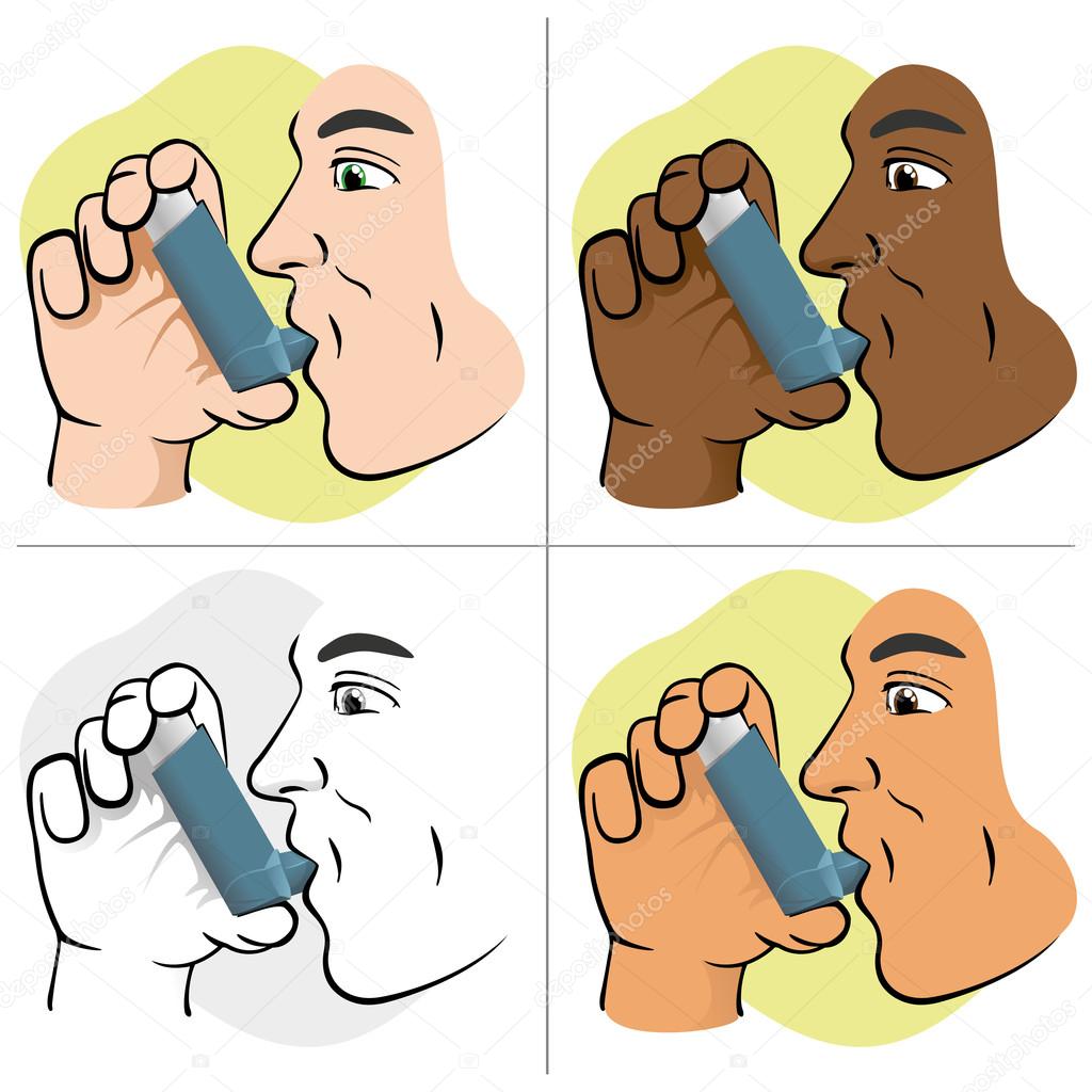 Illustration of a person using inhaler for asthma and lack and public areas. Ideal for catalogs, informative and medical guides
