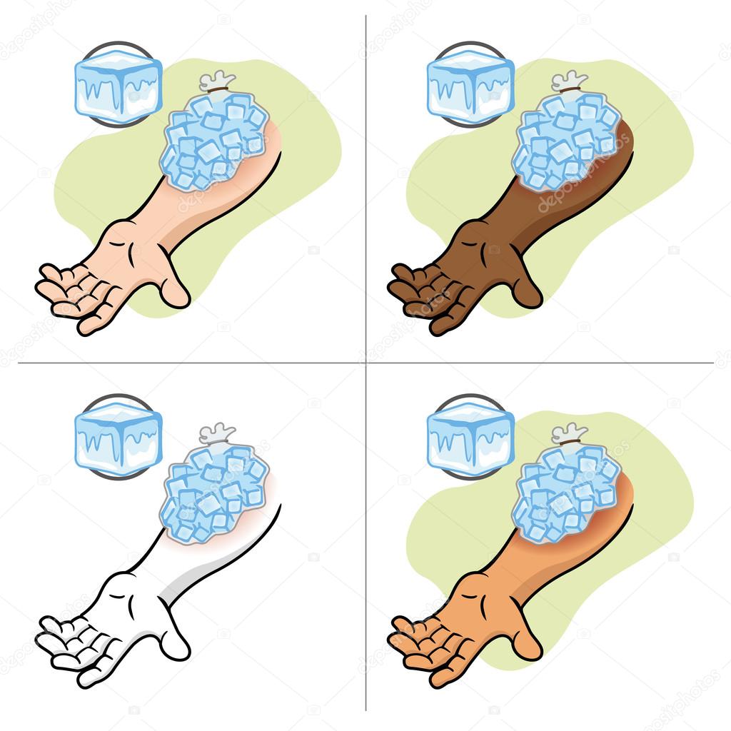 Illustration representing First Aid with ice compress on the injured arm. Ideal for catalogs of medical, institutional and educational