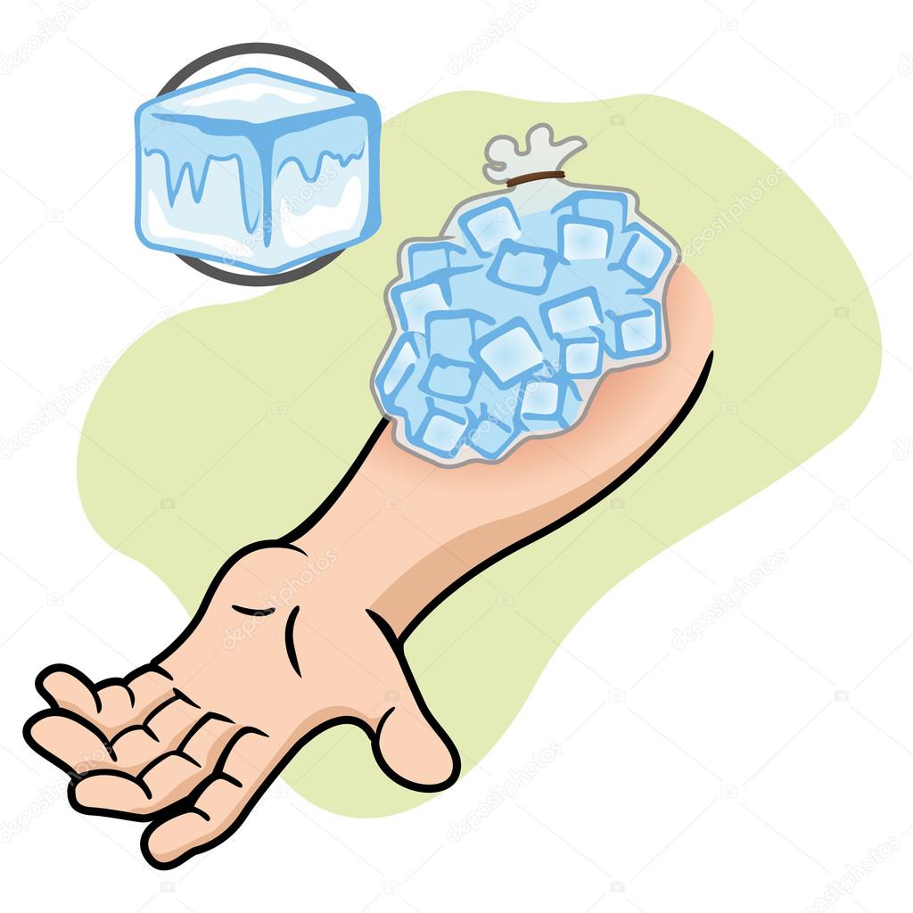 Illustration representing First Aid with ice compress on the injured arm. Ideal for catalogs of medical, institutional and educational