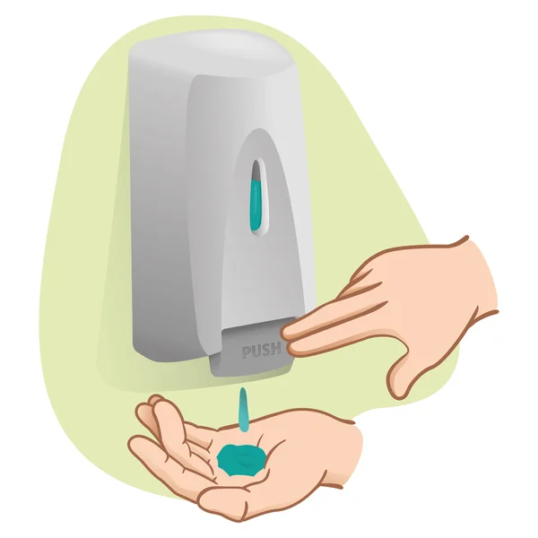 Illustration einer Person bei der Handhygiene mit Reinigungsmittel. ideal für Kataloge von Pridutos und Hygieneinformationen — Stockvektor