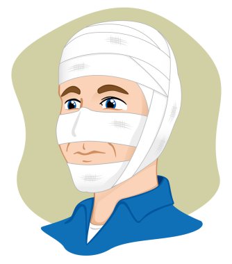 Illustration of a human head with bandages enfeixada. Ideal for catalogs, information and first aid guides