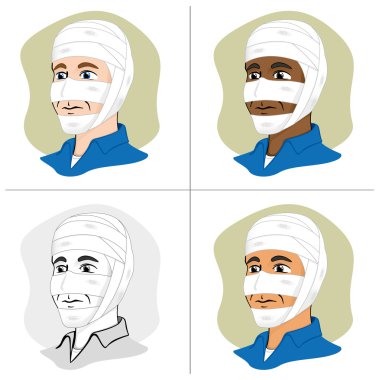 Illustration of a human head bandaged with bandages. Ideal for catalogs, newsletters and first aid guides