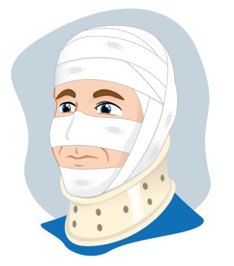 Illustration of a human head with bandages and enfeixada using cervical collar to immobilize the neck. Ideal for catalogs, information and first aid guides