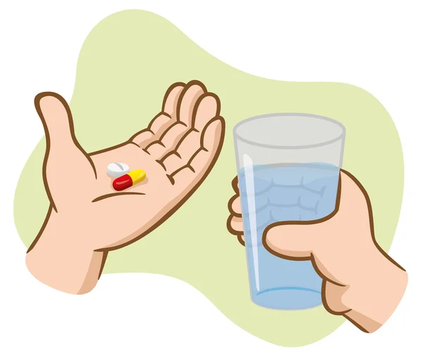 Ilustração Primeiros Socorros mãos segurando pílulas de medicina com vidro de água. Ideal para catálogos, guias informativos e médicos — Vetor de Stock