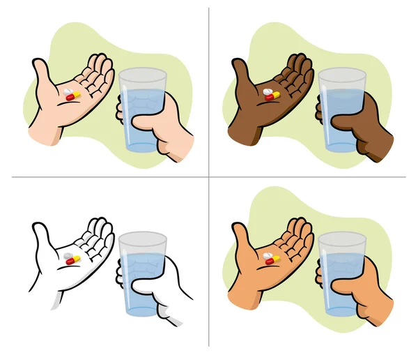 Ilustración Manos de primeros auxilios sosteniendo píldoras medicinales con un vaso de agua, etnia. Ideal para catálogos, guías informativas y médicas — Vector de stock