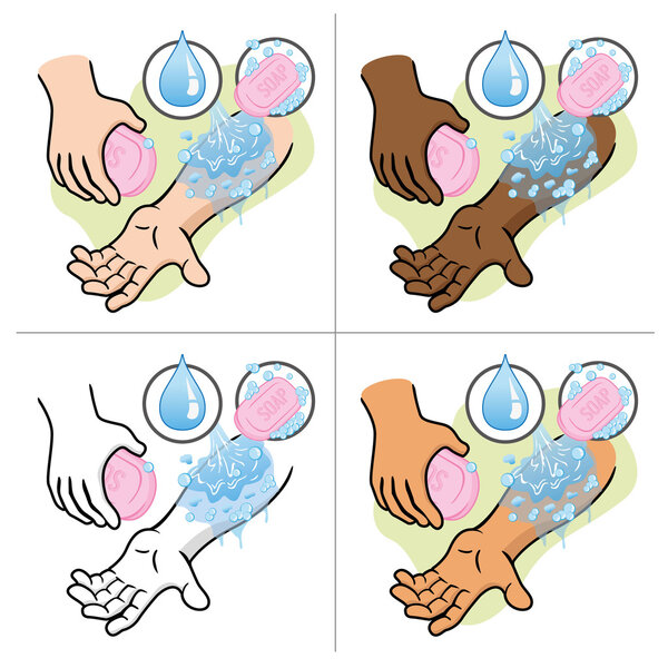 Иллюстрация First Aid человек мыть руки мыло и воду. Идеально подходит для каталогов, информационных и медицинских путеводителей
