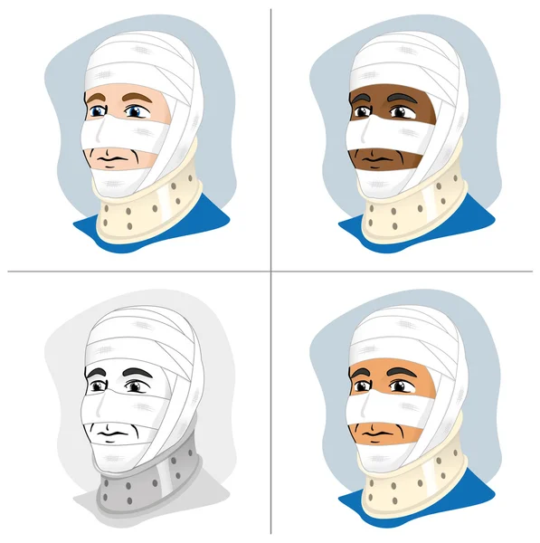 Illustration of a human head with bandages and enfeixada using cervical collar to immobilize the neck. Ideal for catalogs, information and first aid guides — 图库矢量图片