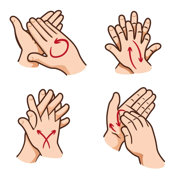 Ilustração de uma pessoa lavando as mãos em quatro passos, unha, palma, entre os dedos e o topo —  Vetores de Stock