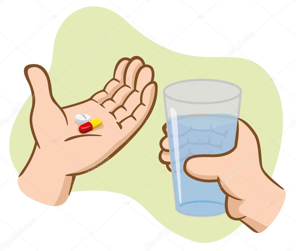 Illustration First Aid hands holding medicine pills with glass of water. Ideal for catalogs, informative and medical guides