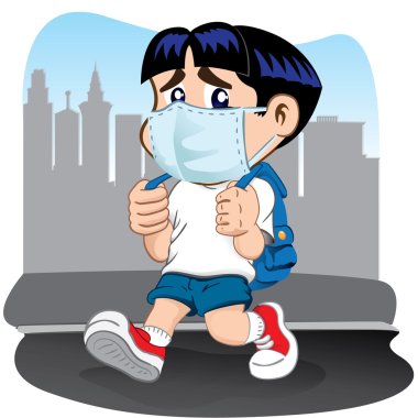 Illustration representing a student child with respiratory problems due masks. Ideal for raw medical, institutional and educational clipart