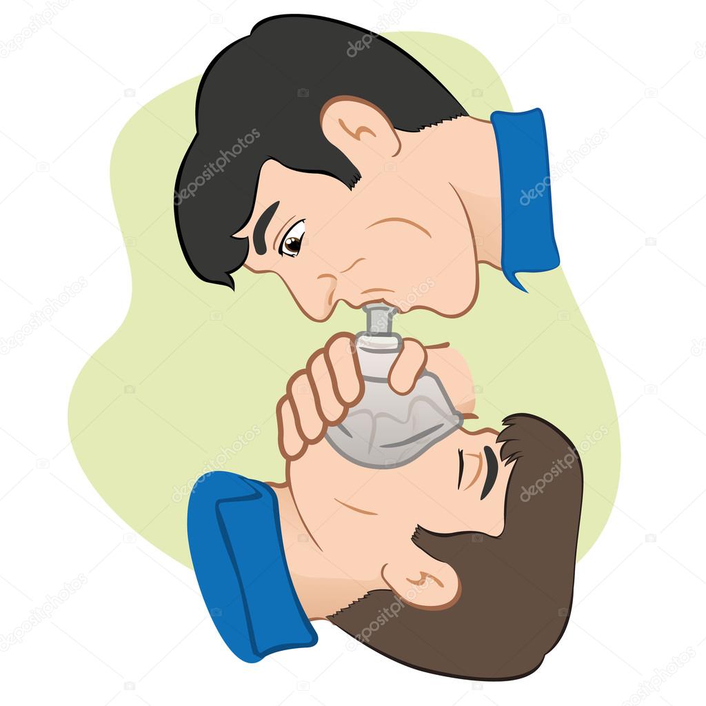 Illustration of a person with respiratory arrest being revived with the help of a pocket mask to help with breathing. Ideal for Medical Supplies, institutional and educational