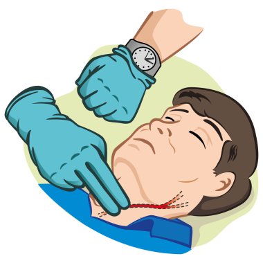 First Aid illustration person measuring pulse through the carotid artery to watch and gloves. Ideal for catalogs, informative and medical guides
