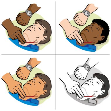 First Aid illustration person measuring pulse through the carotid artery to watch, ethnicities. Ideal for catalogs, informative and medical guides