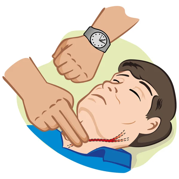 Pronto Soccorso persona illustrazione misurazione del polso Arteria carotidea con orologio. Ideale per cataloghi, guide informative e mediche — Vettoriale Stock