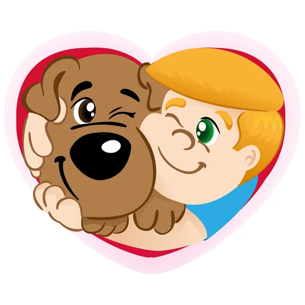Ilustração representando uma Pessoa Criança abraçando um cão em um coração. Ideal para material institucional e educacional — Vetor de Stock