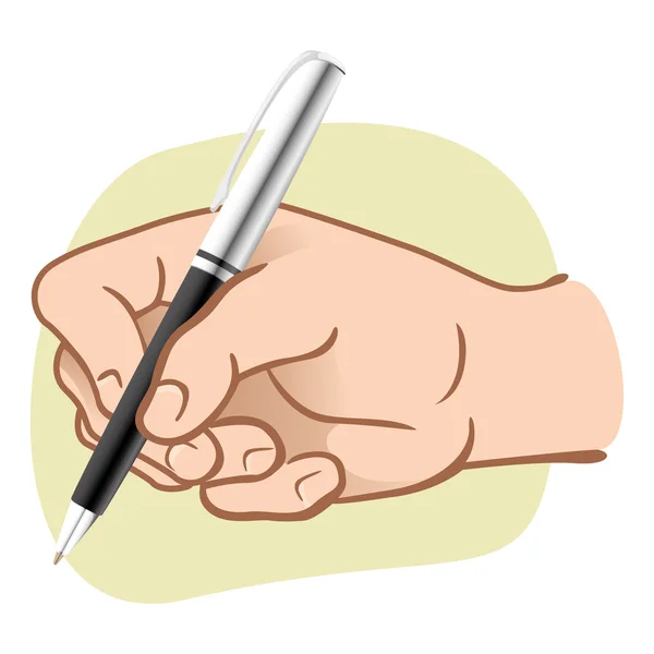 Ilustración mano persona sosteniendo un bolígrafo para escribir o dibujar. Ideal para catálogos, guías informativas e institucionales — Vector de stock