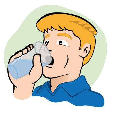 Illustration representing a person drinking water in the cup moisturizing the body. Ideal for catalogs, informative and medical guides