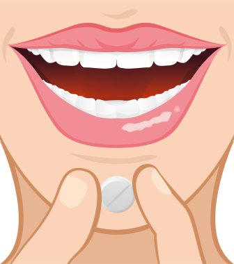 Illustration of a person holding a capsule with fingers and taking the product until the mouth. Ideal for catalogs, informative and medical guides