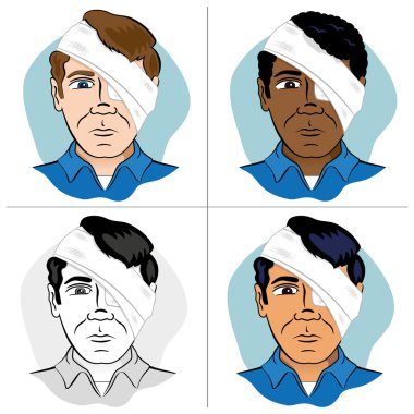 Illustration of a human head bandaged with bandages and bandage the eye. Ideal for catalogs, newsletters and first aid guides.