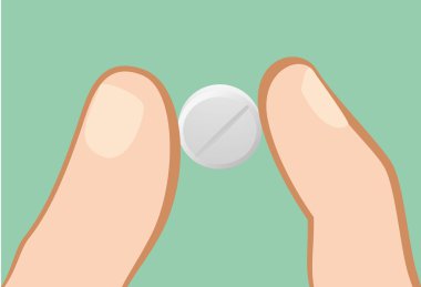 Illustration of a person holding a pill with fingers. Ideal for catalogs, information and first aid guides