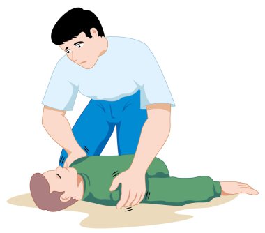Scene first aid illustration shows a person providing assistance to another person unconscious. Ideal for catalogs, informative and medical guides