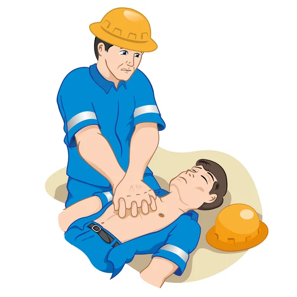 Illustration is an officer doing CPR on a fellow fainted trying to resuscitate him. perfect to tutorials relief and medical textbooks — Stok Vektör