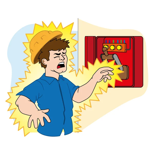 Illustration representing a person being electrocuted in an electrical power box due to an accident at work. Ideal for catalogs, newsletters and first aid guides — Stockvector