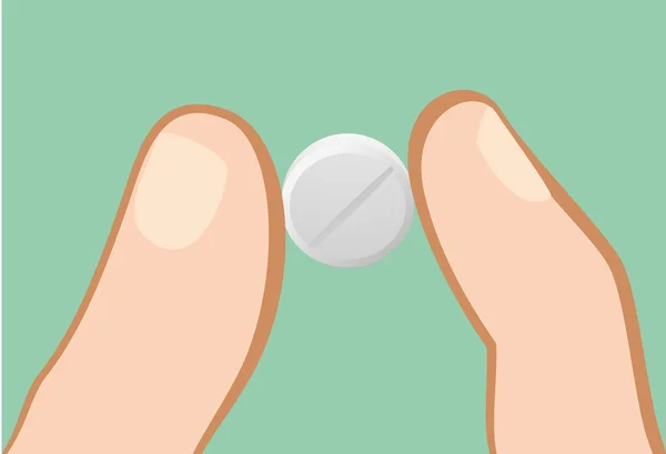 Illustration of a person holding a pill with fingers. Ideal for catalogs, information and first aid guides — Stockvector