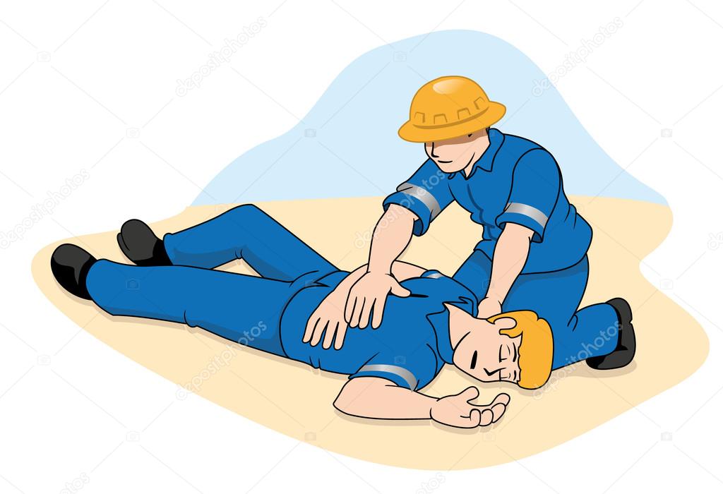 Scene first aid illustration shows a person providing assistance to another person unconscious