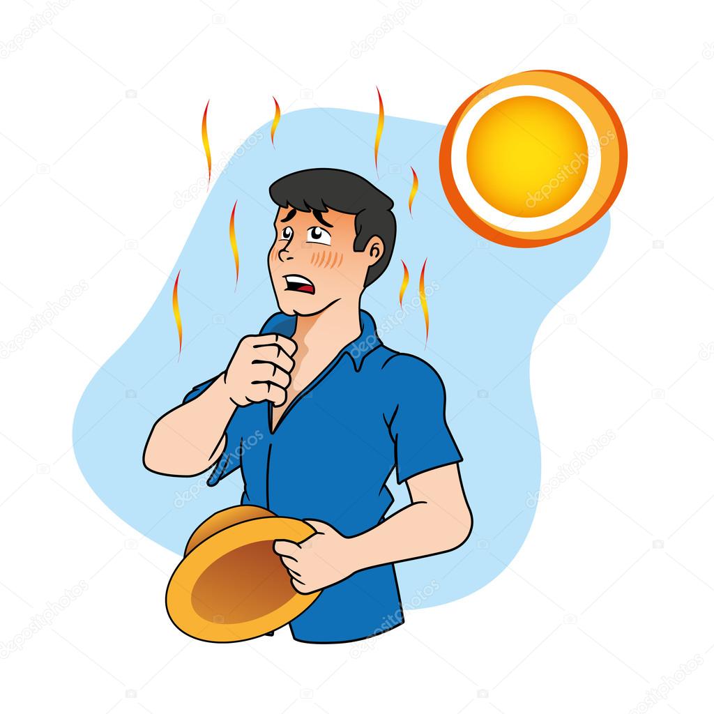 First aid scene illustration shows a worker person with heat stroke and heat. Ideal for catalogs, informative and medical guides