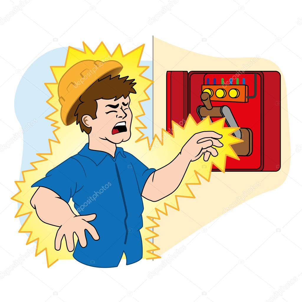 Illustration representing a person being electrocuted in an electrical power box due to an accident at work. Ideal for catalogs, newsletters and first aid guides