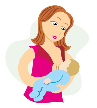 Bir anne emzirme bebeğini kucağında gösteren çizim. Ideal katalogları, bilgilendirici ve gebelik kılavuzları