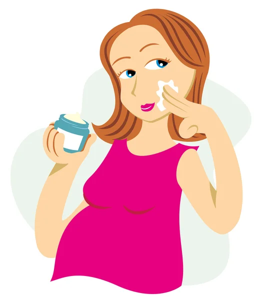 Pregnant mother passing cream against stretch marks and blemishes. Ideal for catalogs, informative and pregnancy guides — Stock Vector