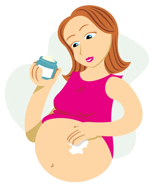 Schwangere Mutter reicht Creme gegen Dehnungsstreifen und Flecken. ideal für Kataloge, informative und Schwangerschaftsratgeber — Stockvektor