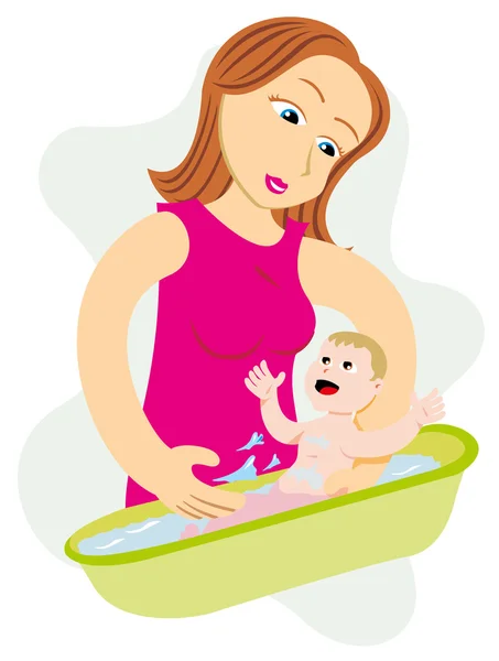 Madre che fa il bagno al bambino. Ideale per cataloghi, guide informative e di gravidanza — Vettoriale Stock