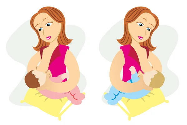 Illustrazione raffigurante una madre che allatta il bambino tra le braccia. Ideale per cataloghi, guide informative e di gravidanza — Vettoriale Stock