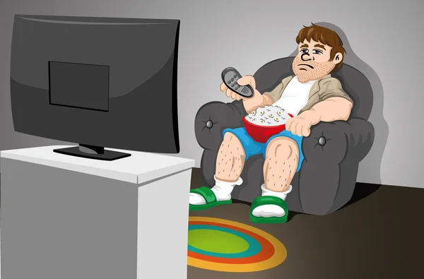 Illustratie die vertegenwoordigen een sedentaire man zittend op de bank kijken tv ideaal voor catalogi, informatief en medische gidsen — Stockvector