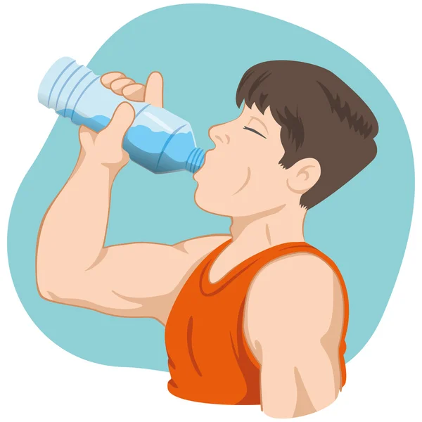 Illustration representing man athlete drinking water and hydrating. Ideal for catalogs, informative and medical guides. — Stock Vector