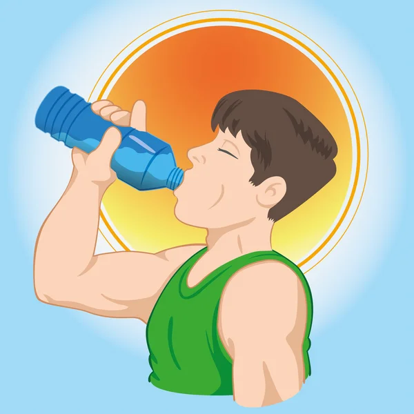 Illustration representing man athlete drinking water and hydrating. Ideal for catalogs, informative and medical guides. — Stock Vector