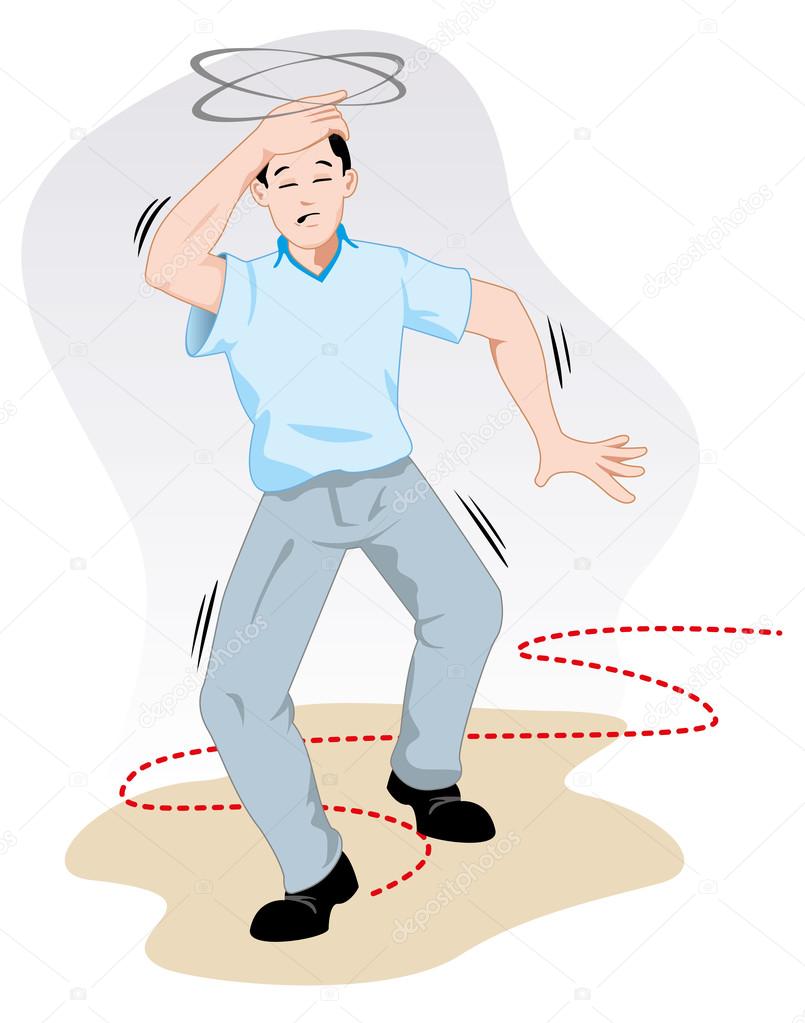 First aid scene illustration shows a person reeling with dizziness. Ideal for catalogs, informative and medical guides.