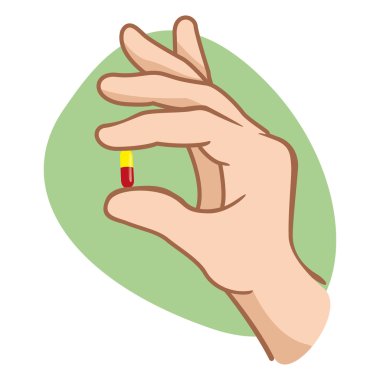 Parmakların ağzın kadar bir kapsül tutan bir kişi Illustration. Sağlık için eğitim ve bilgilendirme malzemeleri için ideal