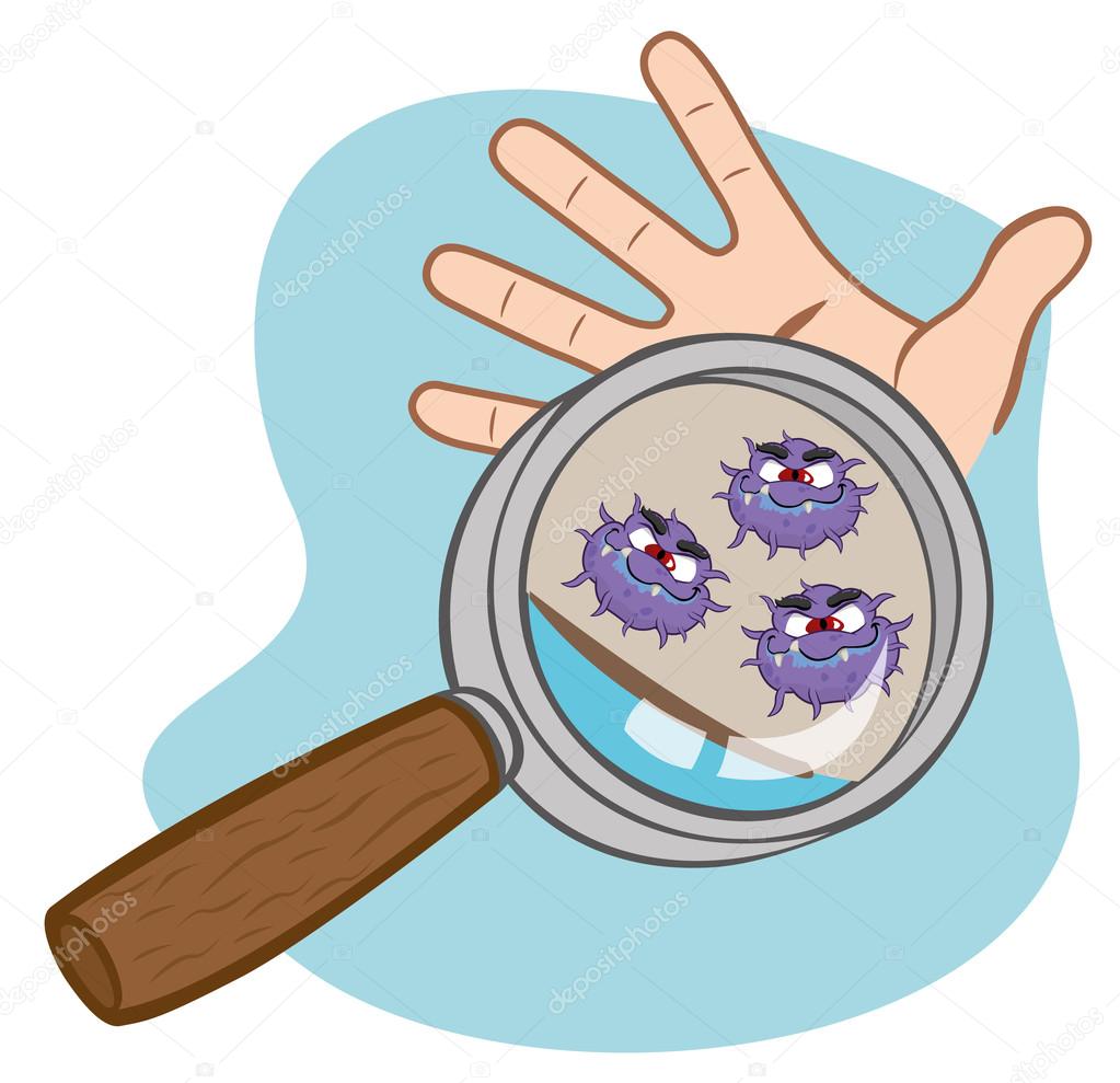 This is a person with her hand being seen with a magnifying glass showing microorganisms in your palm