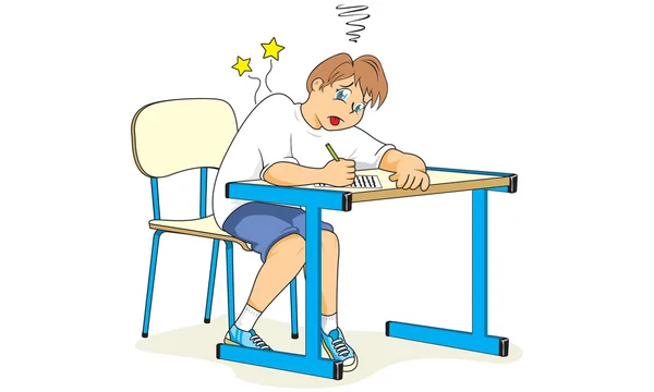 Salud, niño estudiante sentado postura equivocada. Ideal para catálogos, guías informativas y médicas — Vector de stock
