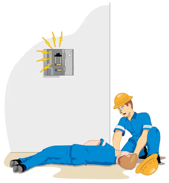 Ilustração representando um funcionário que recebe uma descarga eléctrica emu ma rede de alta tensão devido a um acidente de trabalho —  Vetores de Stock